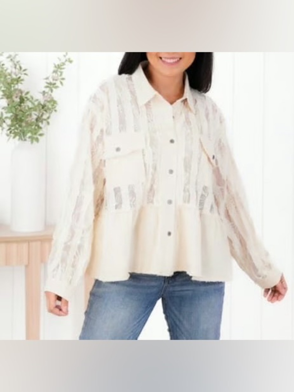 POL Cream Lace Button-Down Shacket/Shirt